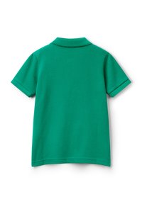Polo shirt verde a maniche corte con colletto e polsini a coste, mostrato da dietro su uno sfondo bianco.