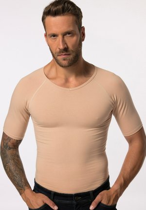 Beige short-sleeve fitted t-shirt with a round neckline, made from smooth stretch fabric, highlighting a snug silhouette and minimalist design.