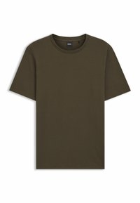 Oliven grøn tekstureret T-shirt med rund hals og korte ærmer, lavet af åndbart stof. Tag synligt indeni halsområdet.