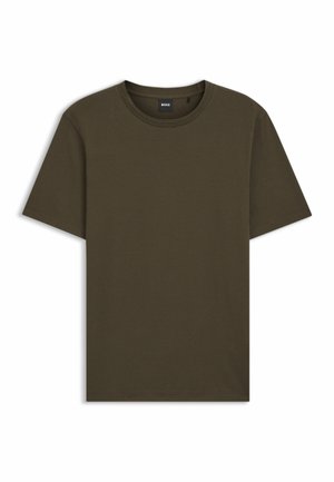 Oliven grøn tekstureret T-shirt med rund hals og korte ærmer, lavet af åndbart stof. Tag synligt indeni halsområdet.