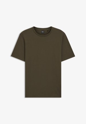 Olive green short-sleeve t-shirt made of textured fabric with a round neckline and straight hem. Brand label visible inside neckline.