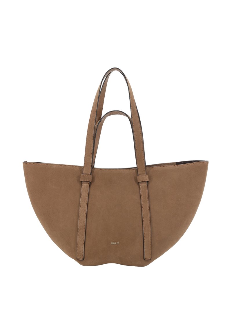 Borsa a tote in suede marrone con una silhouette ampia e arrotondata e manici lunghi. Presenta una texture liscia e un design minimalista.
