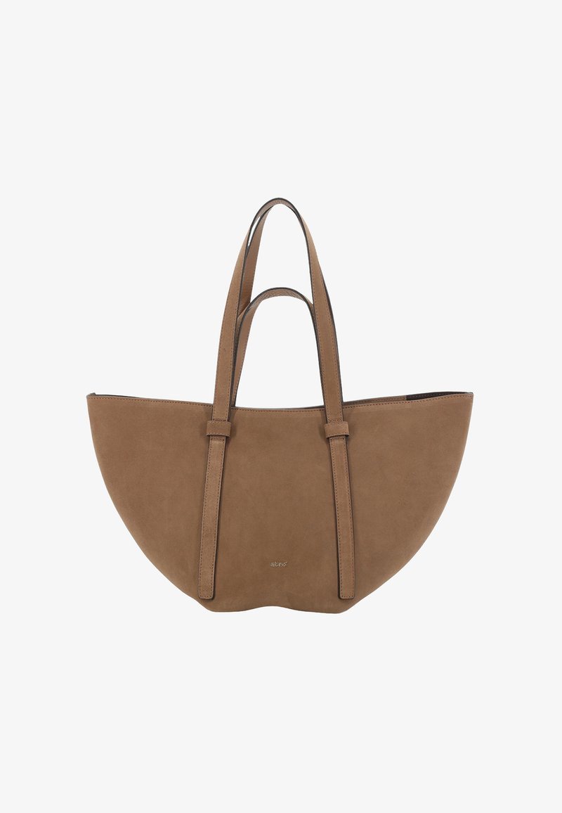 Borsa a tote in suede marrone con una silhouette ampia e arrotondata e manici lunghi. Presenta una texture liscia e un design minimalista.