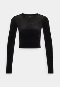 Svart långärmad croppad topp i mjukt sammetstyg; har en rund halsringning och en figurnära design med slät yta.