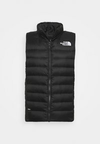 Czarna puchowa kamizelka z wysokim kołnierzem, z zamkiem błyskawicznym z przodu i poziomym pikowaniem. Logo "The North Face" umieszczone na klatce piersiowej.