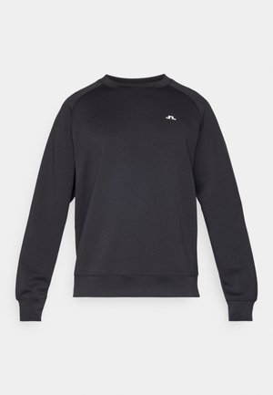 Mørkegrå sweatshirt med lange ærmer, rund hals og et lille hvidt logo på brystet. Glat tekstur samt ribbede manchetter og kant.