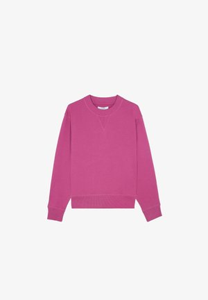 Sweatshirt roz cu guler rotund, mâneci lungi, manșete și tiv ribbed, având un detaliu în formă de V pe față pentru un plus de design.