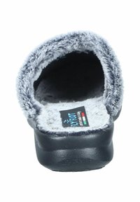 Gray slipper with a soft, fuzzy interior and a sturdy black sole. Includes a logo tag. Open-back design.