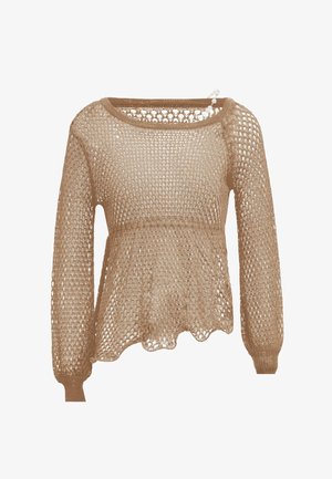 Maglione lavorato a maglia marrone chiaro, con maniche lunghe, caratterizzato da una trama aperta, scollatura rotonda e orlo svasato con bordo ondulato.