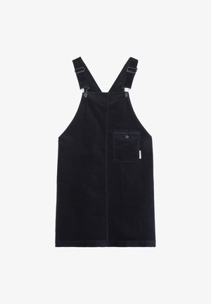 Černé manšestrové šaty s nastavitelnými ramenními popruhy, přední kapsou a texturovanou látkou, s rovým střihem bez dalších ozdob.