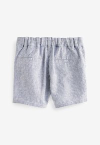 Blue and white striped shorts with an elastic waistband, featuring two back pockets and a straight leg design. Smooth cotton texture.