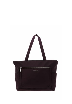 Sac cabas violet foncé avec deux poignées, poche avant zippée et poches latérales, en tissu lisse.