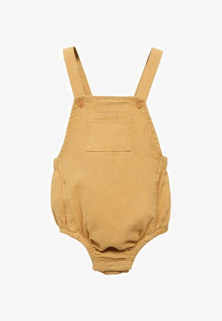Bawełniany kombinezon w kolorze musztardowym z regulowanymi ramiączkami, przednią kieszenią i elastycznymi wykończeniami nogawek dla komfortowego dopasowania.