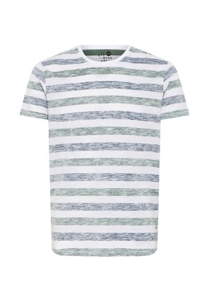 Gestreepte t-shirt met groene en blauwe horizontale strepen op een witte achtergrond. Zachte stof, ronde hals, korte mouwen, rechte zoom.