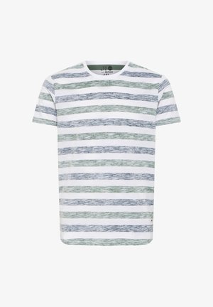Gestreepte t-shirt met groene en blauwe horizontale strepen op een witte achtergrond. Zachte stof, ronde hals, korte mouwen, rechte zoom.