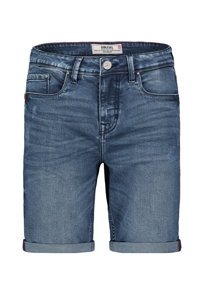 Dunkelblaue Jeansshorts mit einem verwaschenen Finish. Verfügt über umgeschlagene Säume und Fronttaschen sowie ein Markenlabel am Bund.
