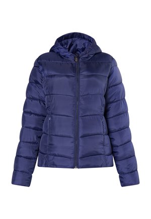 Marineblauwe pufferjack met een capuchon, voorzien van een rits aan de voorkant, brede gequiltte secties en elastische manchetten. Geweldige, glanzende textuur.