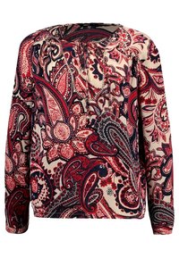 Langärmlige Bluse mit tiefem Ausschnitt, in cremefarbener Basis mit aufwendigen roten und marineblauen Paisleymustern und gerafften Akzenten.