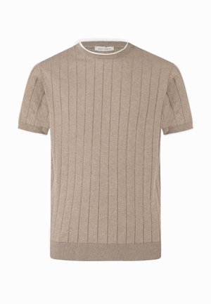 Beiger, kurzärmeliger Strickpullover mit vertikalem Rippmuster, Rundhalsausschnitt und geripptem Saum, flach liegend.