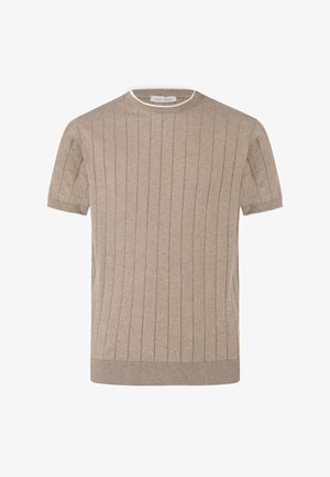 Beiger, kurzärmeliger Strickpullover mit vertikalem Rippmuster, Rundhalsausschnitt und geripptem Saum, flach liegend.