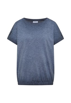T-shirt femme à manches courtes, bleu chiné, à col rond et ourlet élastiqué, étiqueté « Cecil » à l’intérieur du col.