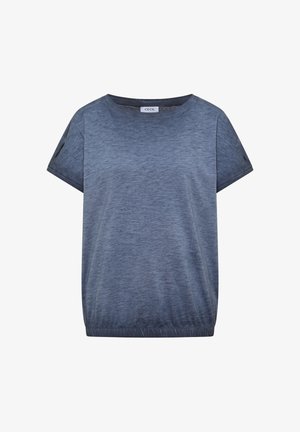 Damen-T-Shirt mit kurzen Ärmeln, blau meliert, Rundhalsausschnitt und elastischem Saum, innen im Kragen mit "Cecil"-Etikett.