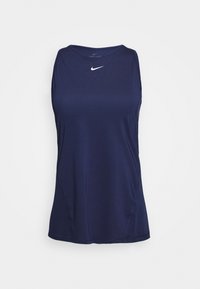 Marinblå ärmlös sporttop i mjukt material, med rund halsringning och en liten vit Nike-logga på framsidan.