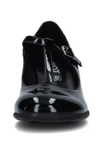 Scarpe Mary Jane in pelle verniciata nera con punta arrotondata, suola piatta e una fascetta decorativa con fibbia sul lato.