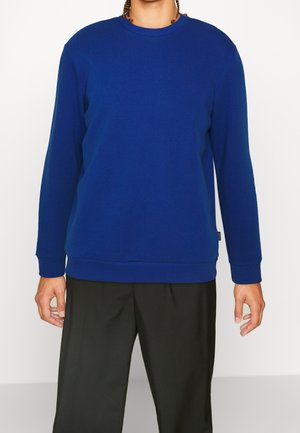 Persona que lleva un suéter azul liso de manga larga con cuello redondo y pantalones negros, de pie sobre un fondo blanco.