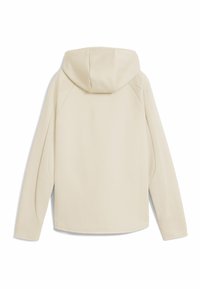 Beige Kapuzenpullover mit glatter Textur, langen Ärmeln und lockerem Schnitt. Mit gerippten Akzenten an den Schulternähten.
