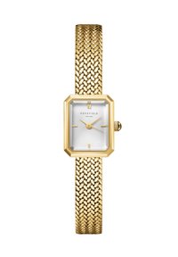 Montre en doré avec un cadran blanc octogonal et un bracelet en maille texturée. Comprend deux index horaires dorés et un boîtier texturé pour le détail.