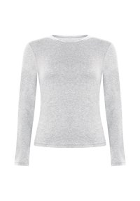 Lichtgrijze langslijfshirt met lange mouwen, gemaakt van zachte, rekbare stof. Heeft een ronde halslijn en een aansluitend ontwerp. Geen patronen of versieringen.