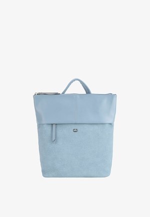 Borsa blu con una sezione inferiore testurizzata e una sezione superiore liscia, dotata di manico superiore e chiusura con zip. Dettagli in hardware argentato presenti.