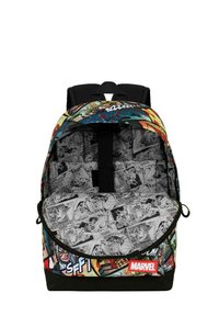 Mochila con un diseño de cómic colorido que presenta personajes de Marvel. Interior forrado con paneles de cómic en blanco y negro. Correas negras.
