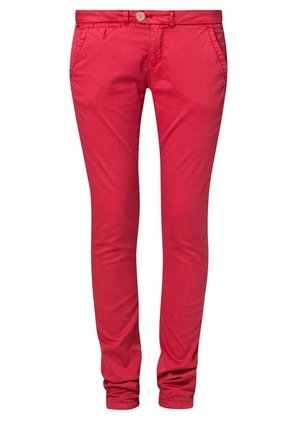 Punaiset slim fit -housut, joissa etutaskut, nappikiinnitys ja vyölenkit, valkoisella taustalla esitettynä.