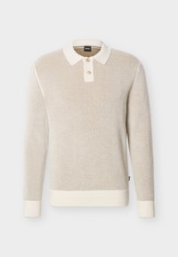 Μπεζ μακρυμάνικη πλεκτή μπλούζα πόλο με λευκό γιακά, δύο κουμπιά και ριμπ μανσέτες και τελείωμα.