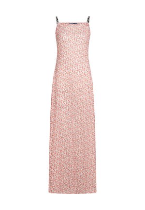 Vestido maxi de tejido liviano con un patrón geométrico en rosa, tirantes finos tipo espagueti y tirantes ajustables negros en contraste.