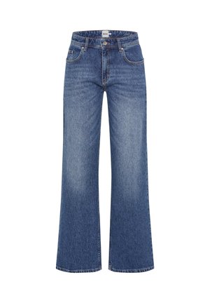 Jeans wide-leg in denim blu medio con un classico design a cinque tasche, chiusura a bottone e una texture leggermente sbiadita.