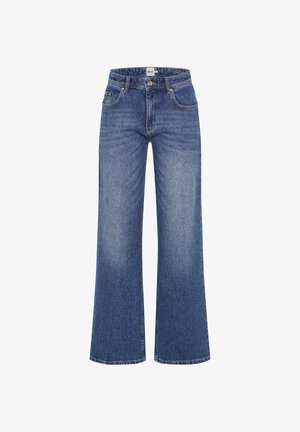 Jeans im weit geschnittenen Denim-Stil in Mittelblau mit klassischem Fünf-Taschen-Design, Knopfverschluss und einer leicht verblassten Textur.