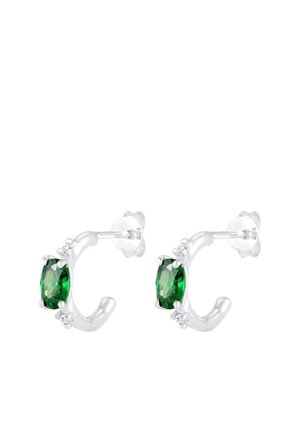 Silver hoop earrings with oval green gemstones and small clear accent stones, featuring butterfly push back closures.