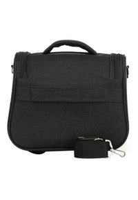 Borsa a spalla in tessuto nero con manico superiore, chiusura con cerniera sicura e tracolla regolabile. Presenta una tasca frontale e bordi arrotondati.