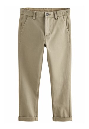 Pantalon beige coupe droite avec fermeture par bouton et zip, poches latérales, passants pour ceinture et ourlets retroussés.