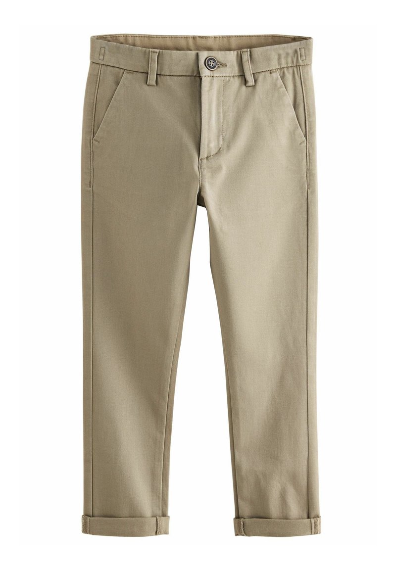 Pantalon beige coupe droite avec fermeture par bouton et zip, poches latérales, passants pour ceinture et ourlets retroussés.