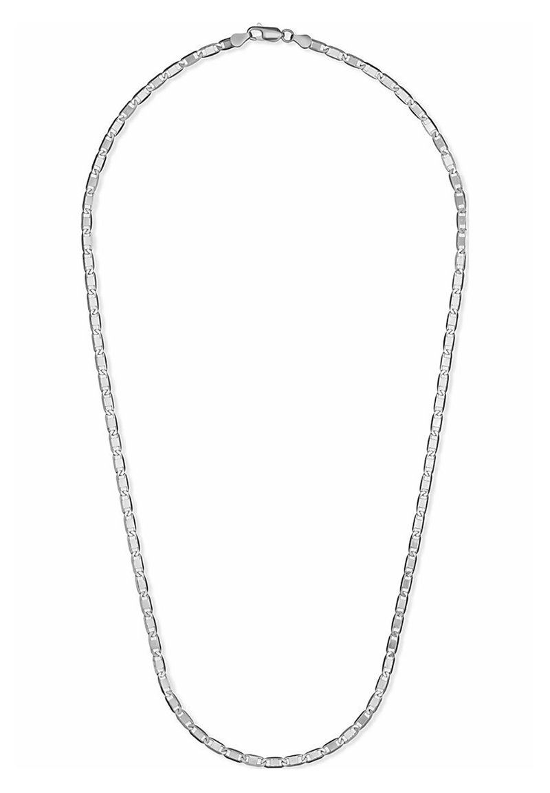 Collana in argento con anelli quadrati e rettangolari interconnessi. Finitura liscia, spessore medio, dotata di un fermaglio sicuro.