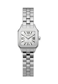 Strieborné kovové náramkové hodinky s obdĺžnikovým puzdrom, rímskymi číslicami, bielym ciferníkom a prepojeným náramkom. Na ciferníku je zobrazené logo Timex.