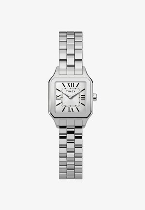 Silver metal wristwatch with a rectangular case, Roman numerals, white dial, and a linked bracelet. Timex logo displayed on the face.