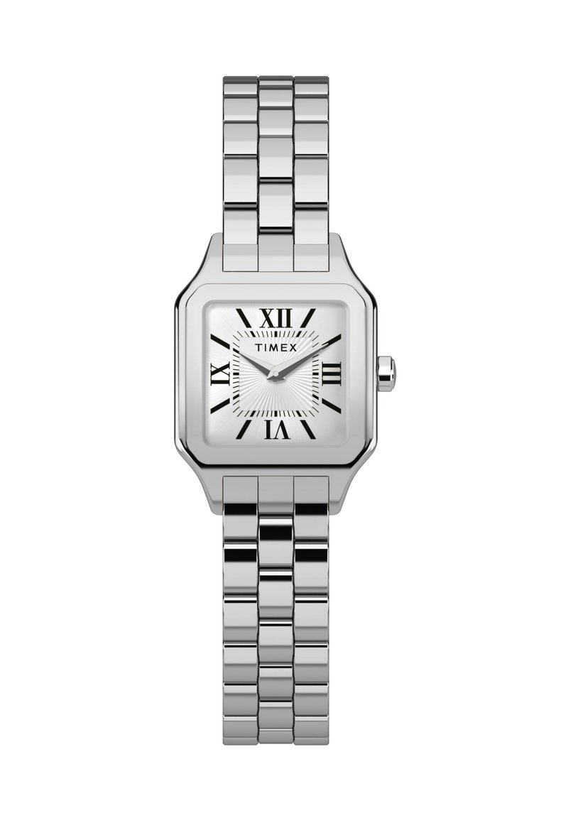 Strieborné kovové náramkové hodinky s obdĺžnikovým puzdrom, rímskymi číslicami, bielym ciferníkom a prepojeným náramkom. Na ciferníku je zobrazené logo Timex.