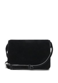 Borsa a tracolla in suede nero con una forma rettangolare elegante, design minimalista e tracolla in pelle regolabile. Nessun elemento hardware visibile.