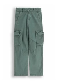 Spodnie typu cargo z matowej zielonej bawełny, wyposażone w dwie duże boczne kieszenie, przednie kieszenie oraz prostą nogawkę.