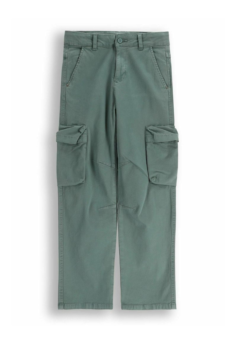 Spodnie typu cargo z matowej zielonej bawełny, wyposażone w dwie duże boczne kieszenie, przednie kieszenie oraz prostą nogawkę.